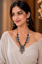 Tribal Lapis Lazuli Silver Necklace Set with Coin Charms & Drop Earrings