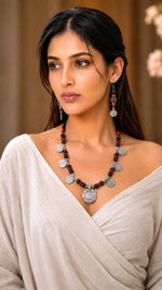Tribal Lava Bead & Silver Coin Necklace Set with Earrings