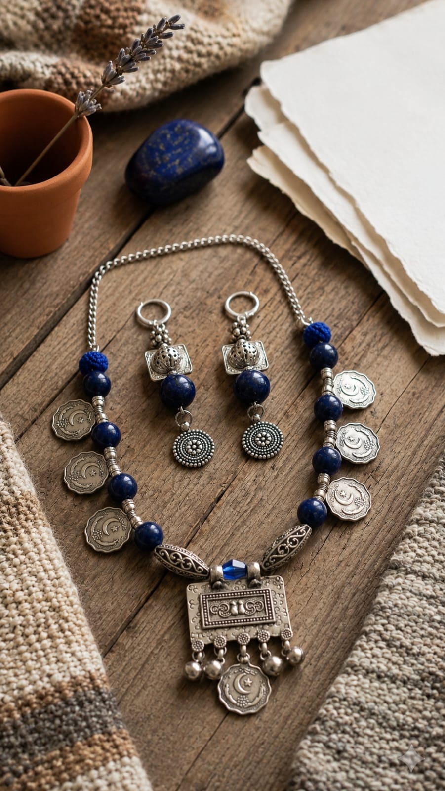 Tribal Lapis Lazuli Silver Necklace Set with Coin Charms & Drop Earrings