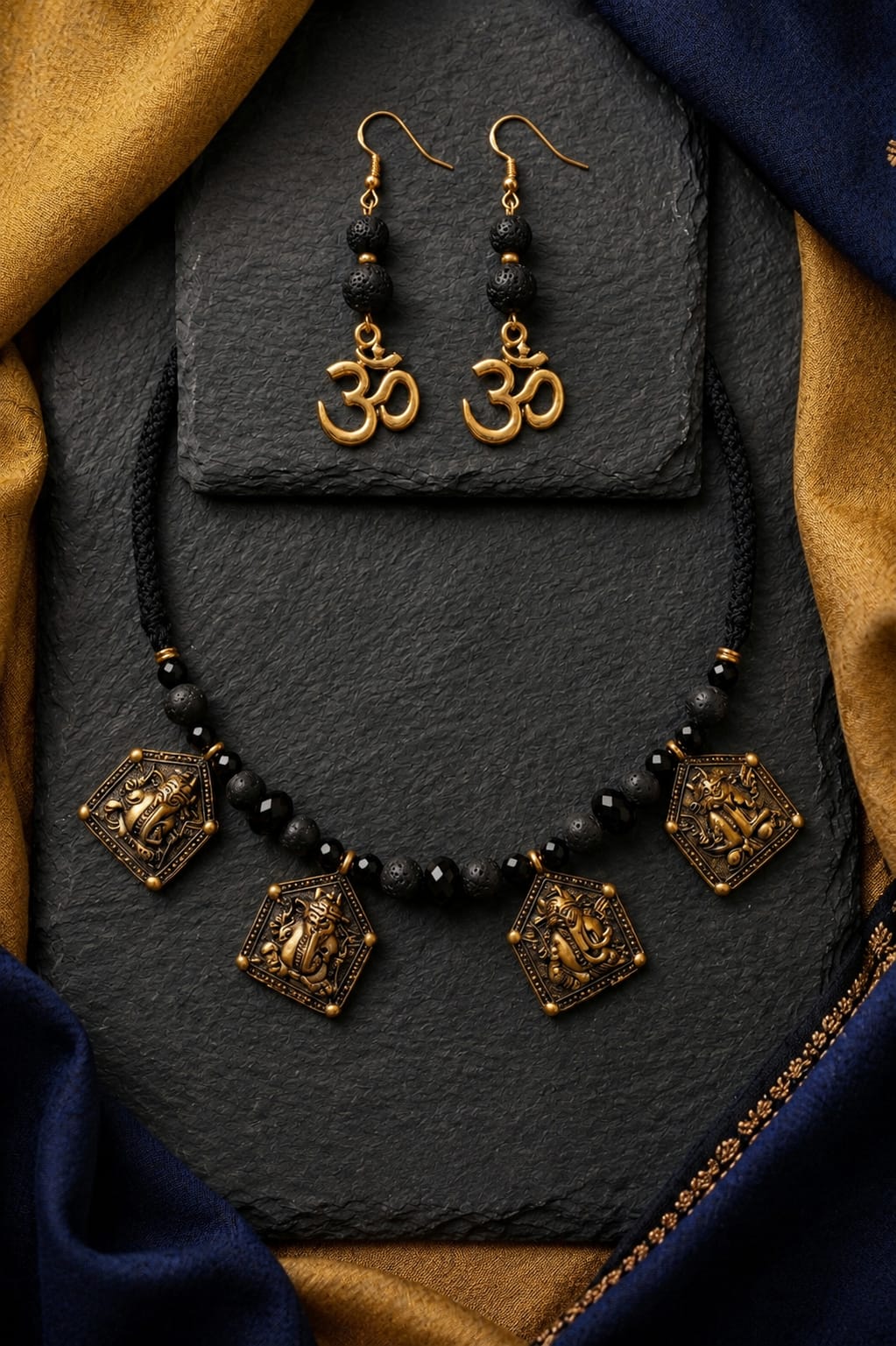 Antique Gold Ganesha & Om Lava Bead Necklace Set