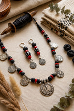 Tribal Lava Bead & Silver Coin Necklace Set with Earrings