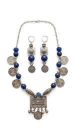 Tribal Lapis Lazuli Silver Necklace Set with Coin Charms & Drop Earrings