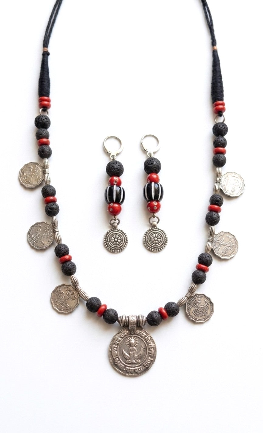Tribal Lava Bead & Silver Coin Necklace Set with Earrings