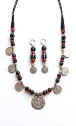 Tribal Lava Bead & Silver Coin Necklace Set with Earrings