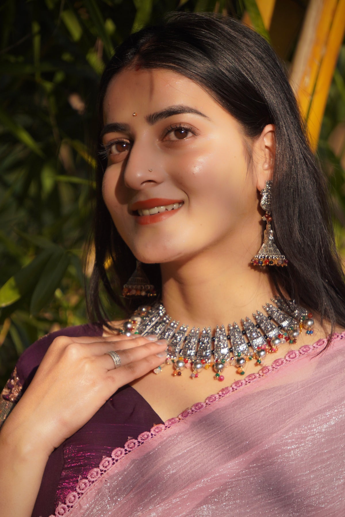 Phoolkari Ghoonghat Set — Oxidised Necklace Earrings Set Punjabi Folk Jewellery India