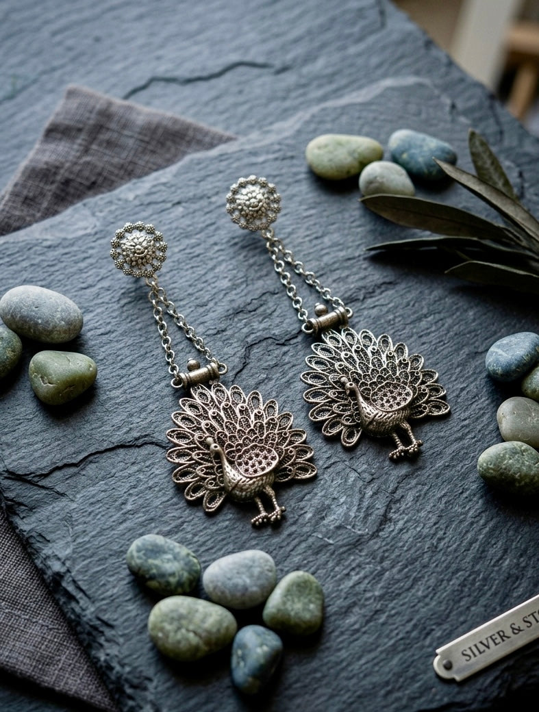 Peacock Garden Oxidised Drop Earrings