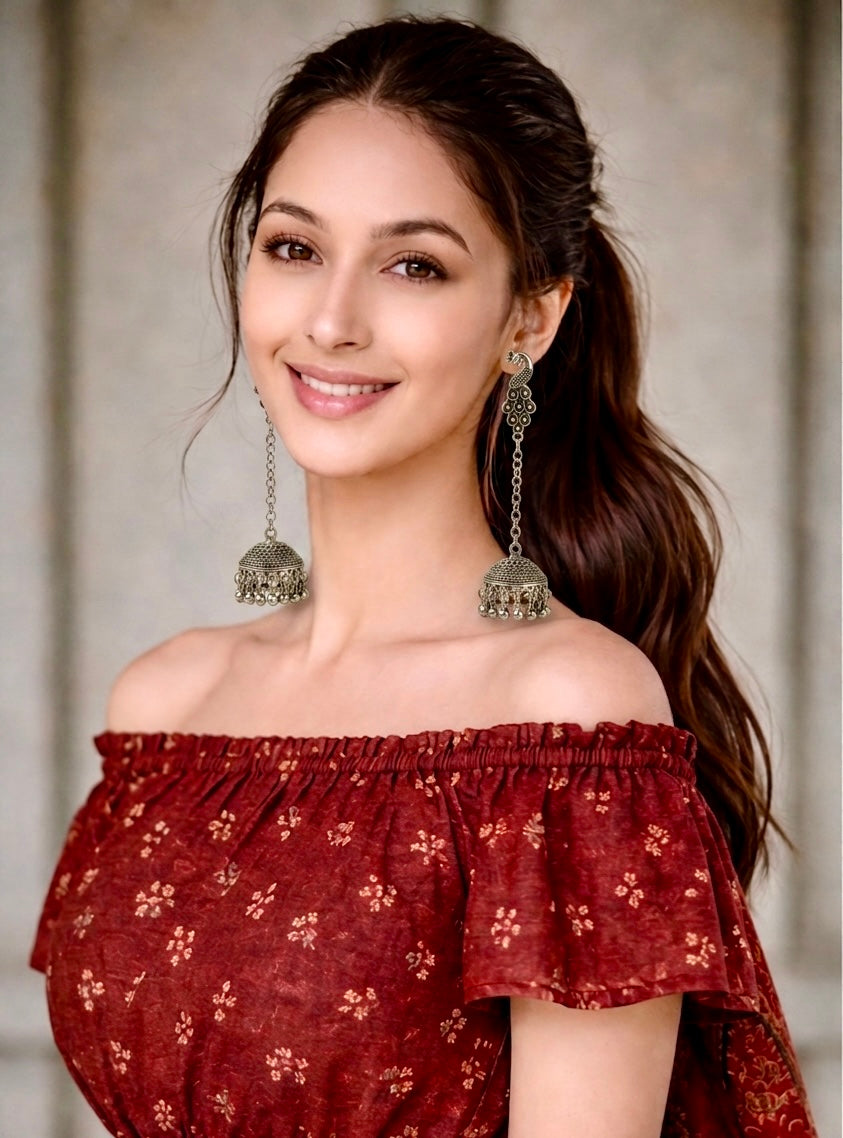 Peacock Jhumka Long Chain Drop Earrings