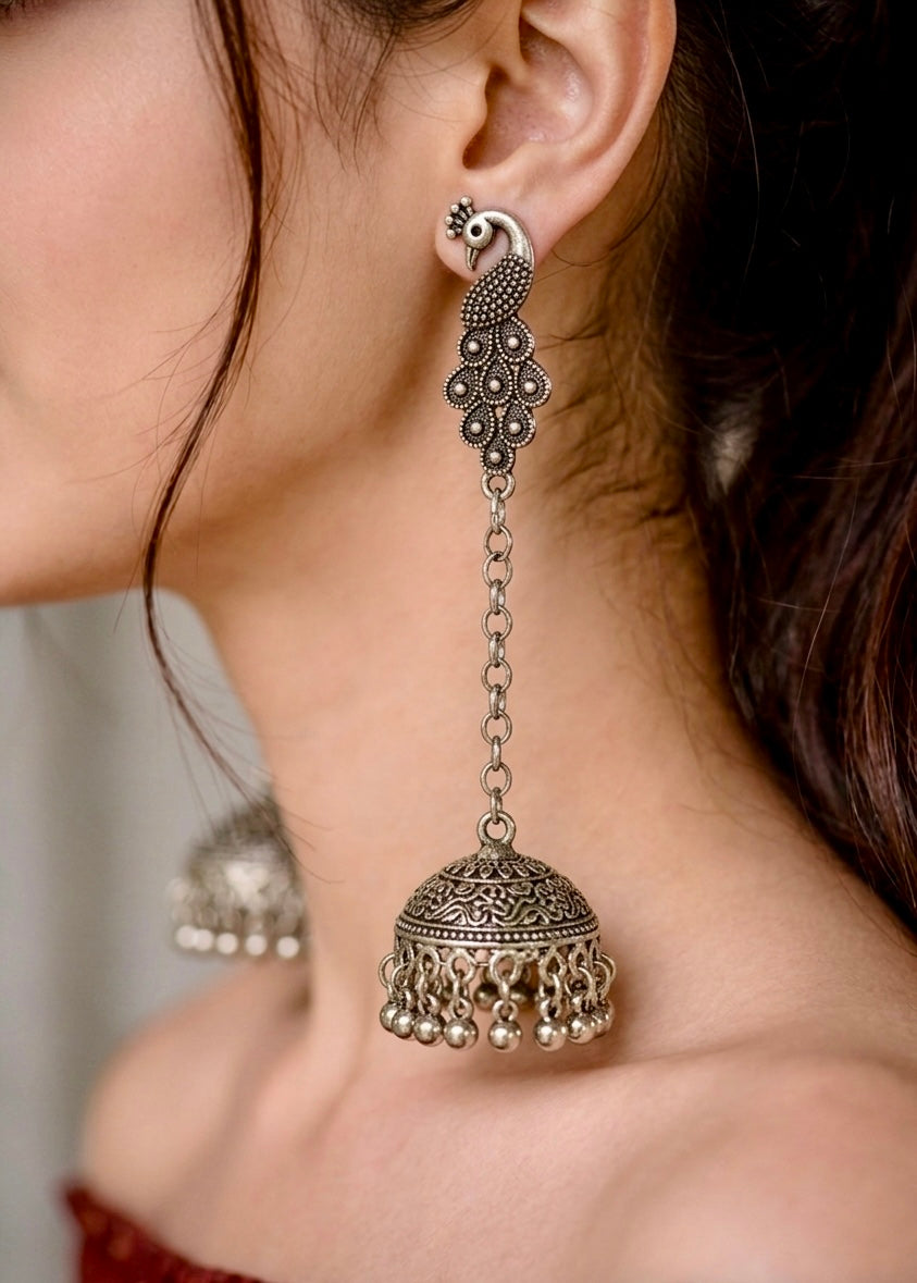 Peacock Jhumka Long Chain Drop Earrings