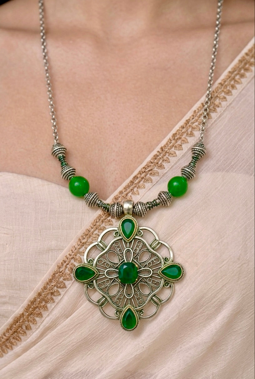 Emerald Filigree Mandala Pendant Necklace