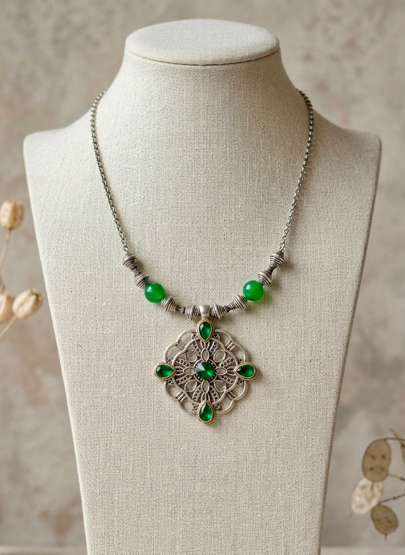 Emerald Filigree Mandala Pendant Necklace