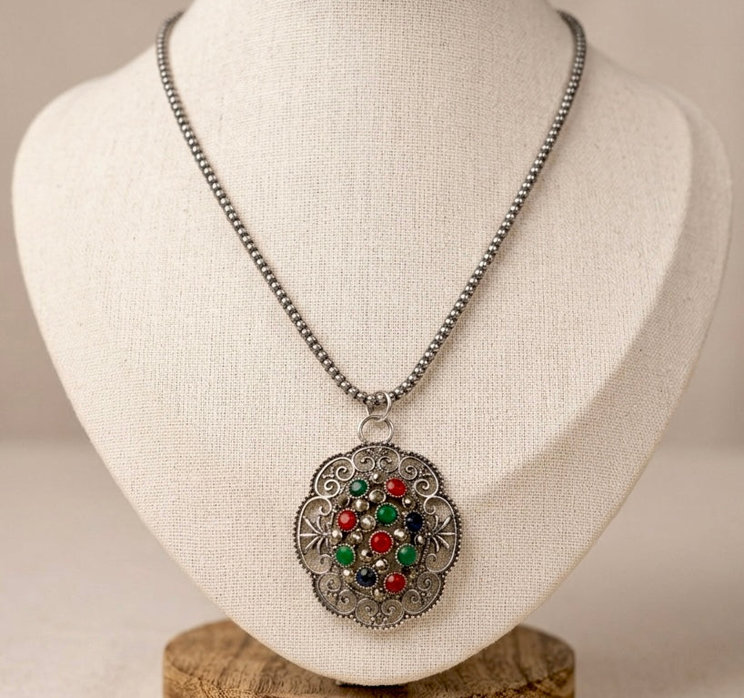Garden Mosaic Silver Ball Pendant Necklace