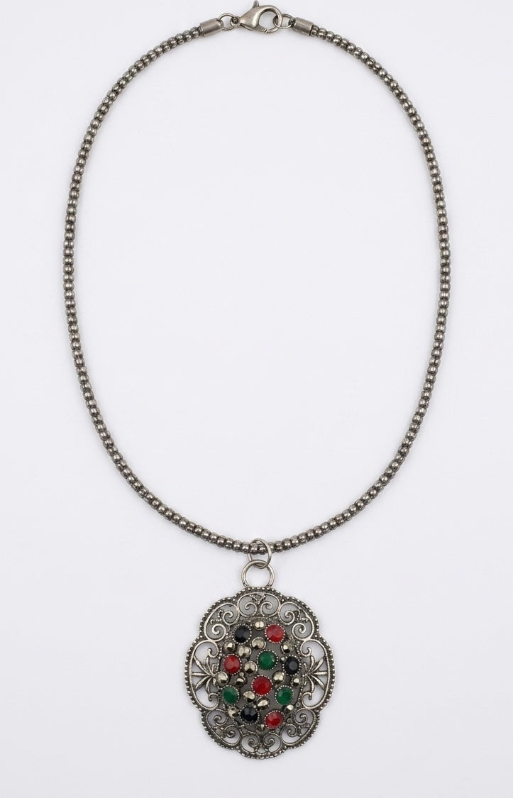 Garden Mosaic Silver Ball Pendant Necklace