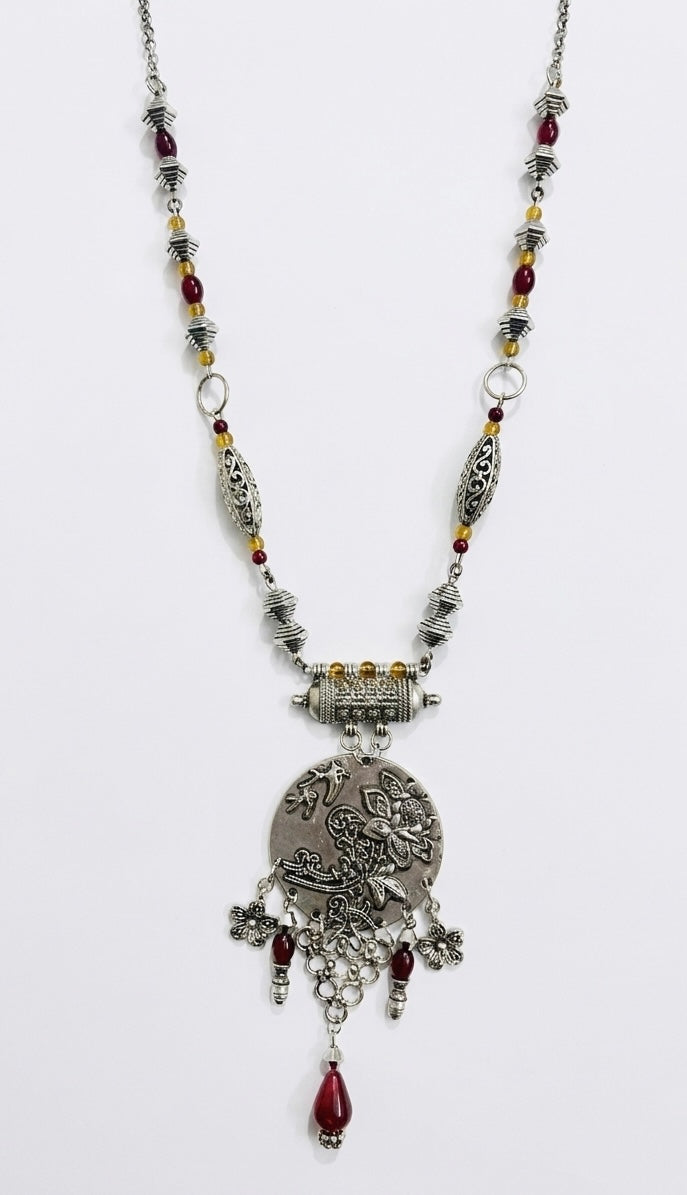 Silver Floral Disc Long Pendant Necklace