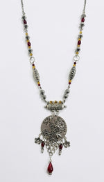 Silver Floral Disc Long Pendant Necklace