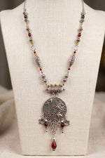 Silver Floral Disc Long Pendant Necklace