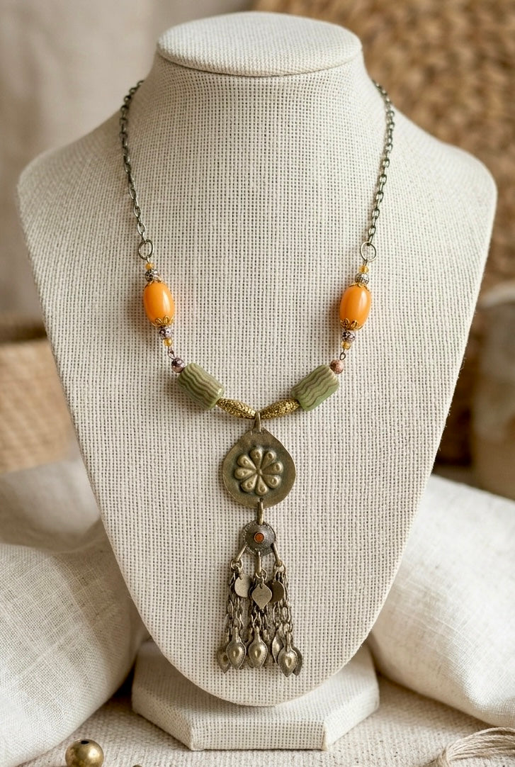 Amber Sage Flower Drop Pendant Necklace