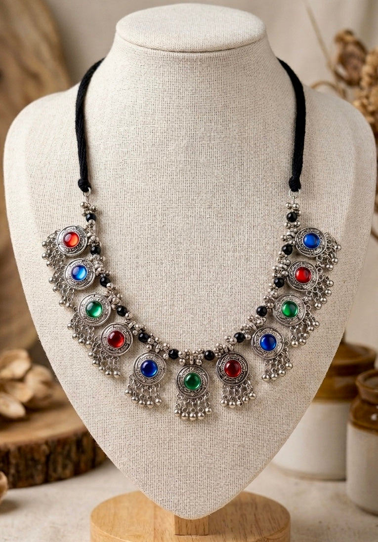 Rainbow Stone Afghan Ghungroo Bib Necklace