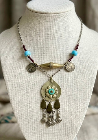 Turquoise Boss Coin Fringe Necklace