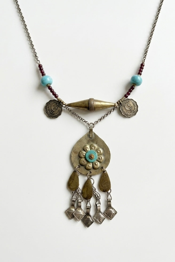 Turquoise Boss Coin Fringe Necklace