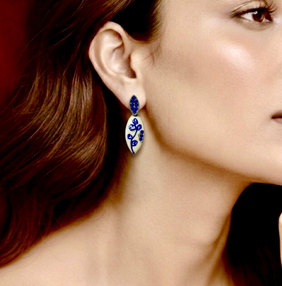 Indigo Bloom Marquise Enamel Drop Earrings