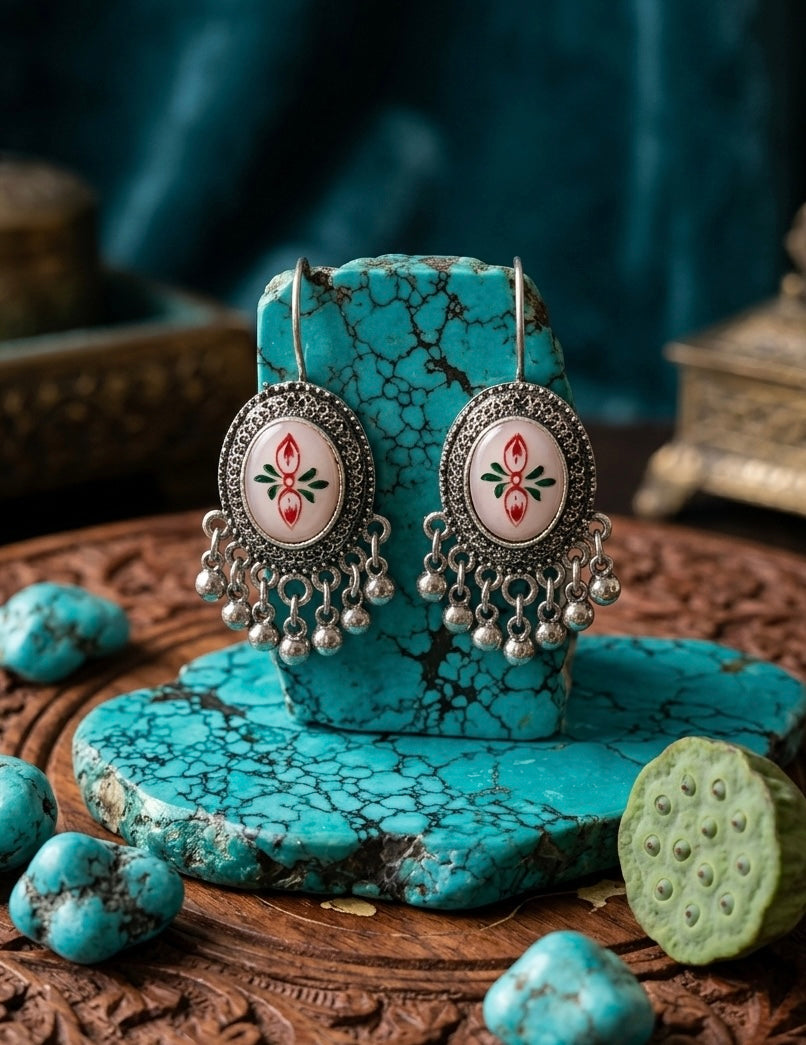Pichwai Painted Oval Ghungroo Earrings