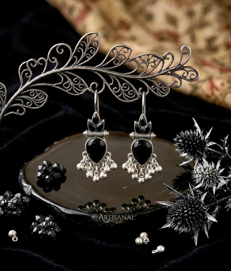 Black Onyx Silver Ghungroo Drop Earrings