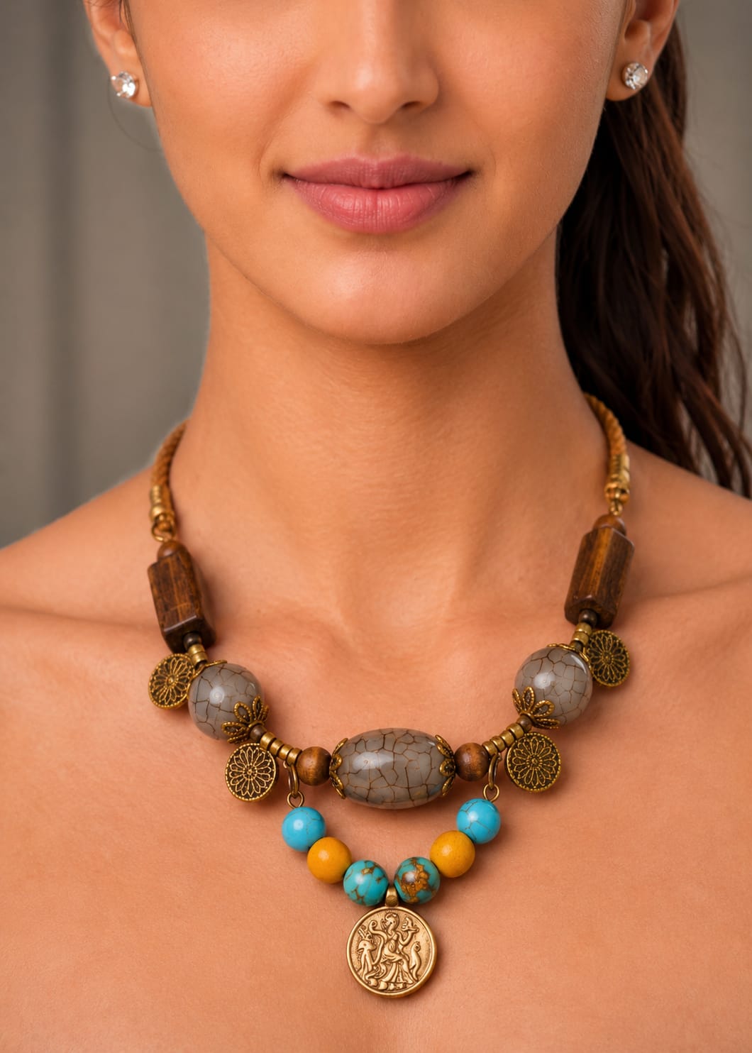 Antique Gold Coin Necklace with Wood, Turquoise & Grey Agate Beads