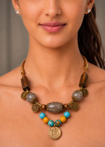 Antique Gold Coin Necklace with Wood, Turquoise & Grey Agate Beads