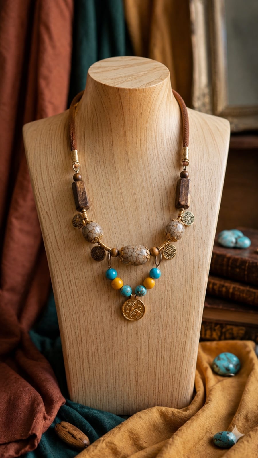 Antique Gold Coin Necklace with Wood, Turquoise & Grey Agate Beads
