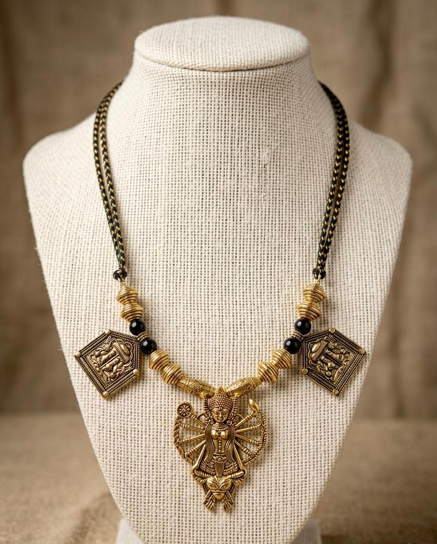 Brass Durga Shakti Triple Pendant Necklace