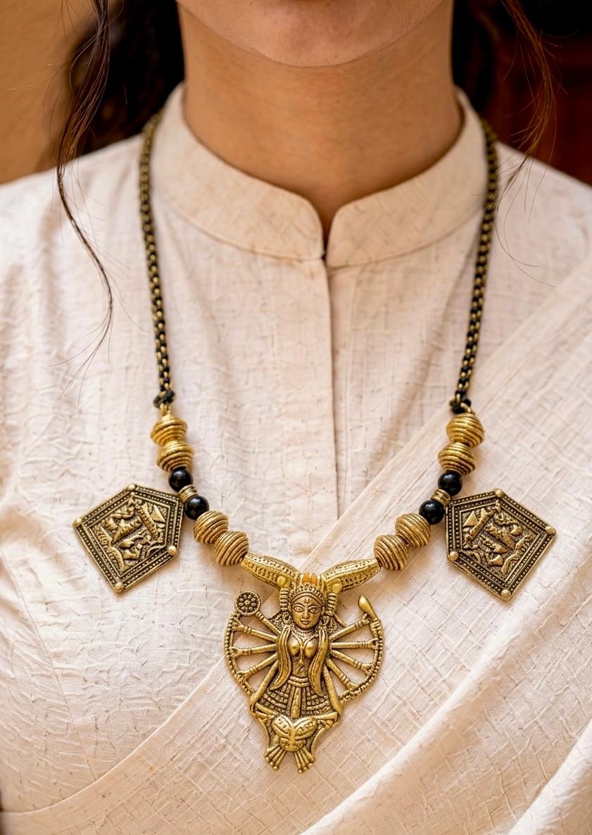 Brass Durga Shakti Triple Pendant Necklace