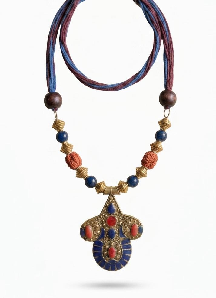 Afghan Lapis Coral Gold Pendant Bead Necklace