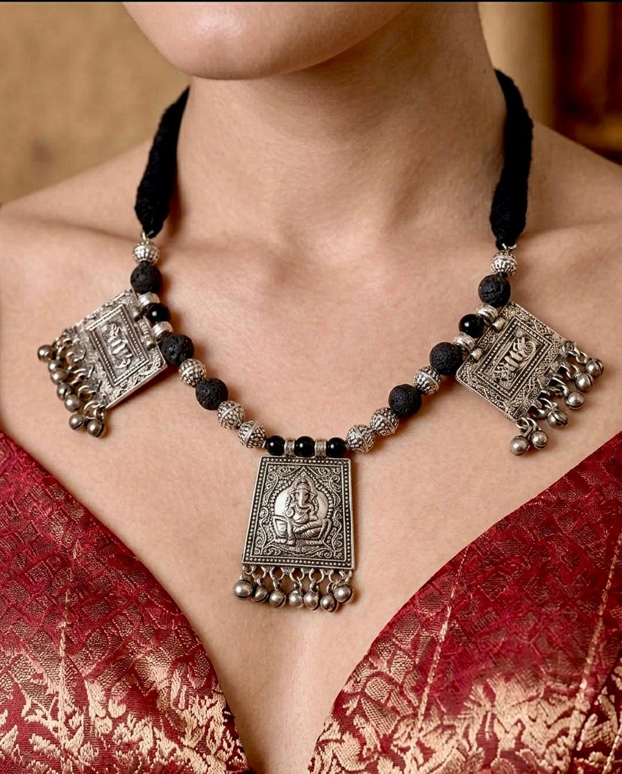Ganesha Triptych Oxidised Silver Necklace