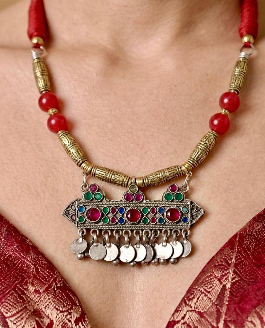 Afghan Kuchi Multistone Coin Drop Necklace
