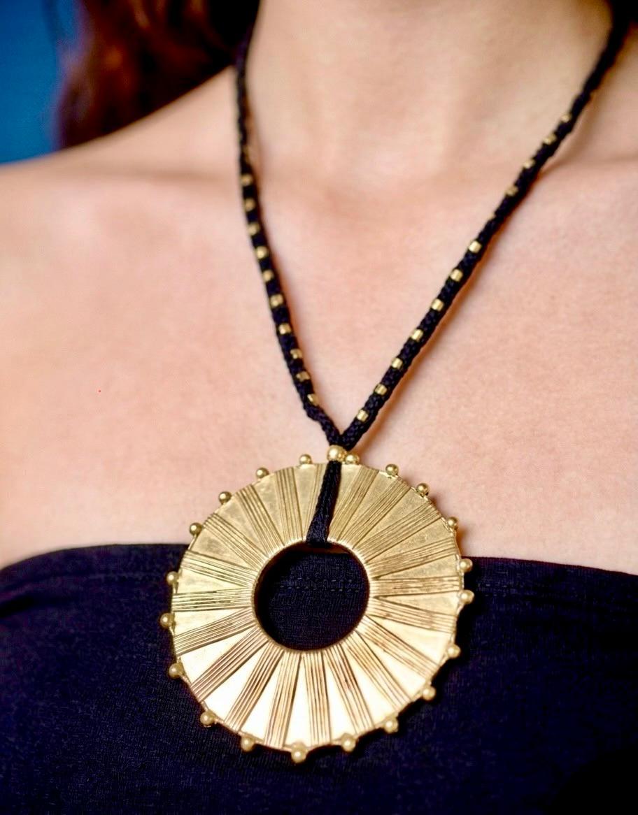 Brass Sunburst Wheel Pendant Macramé Necklace