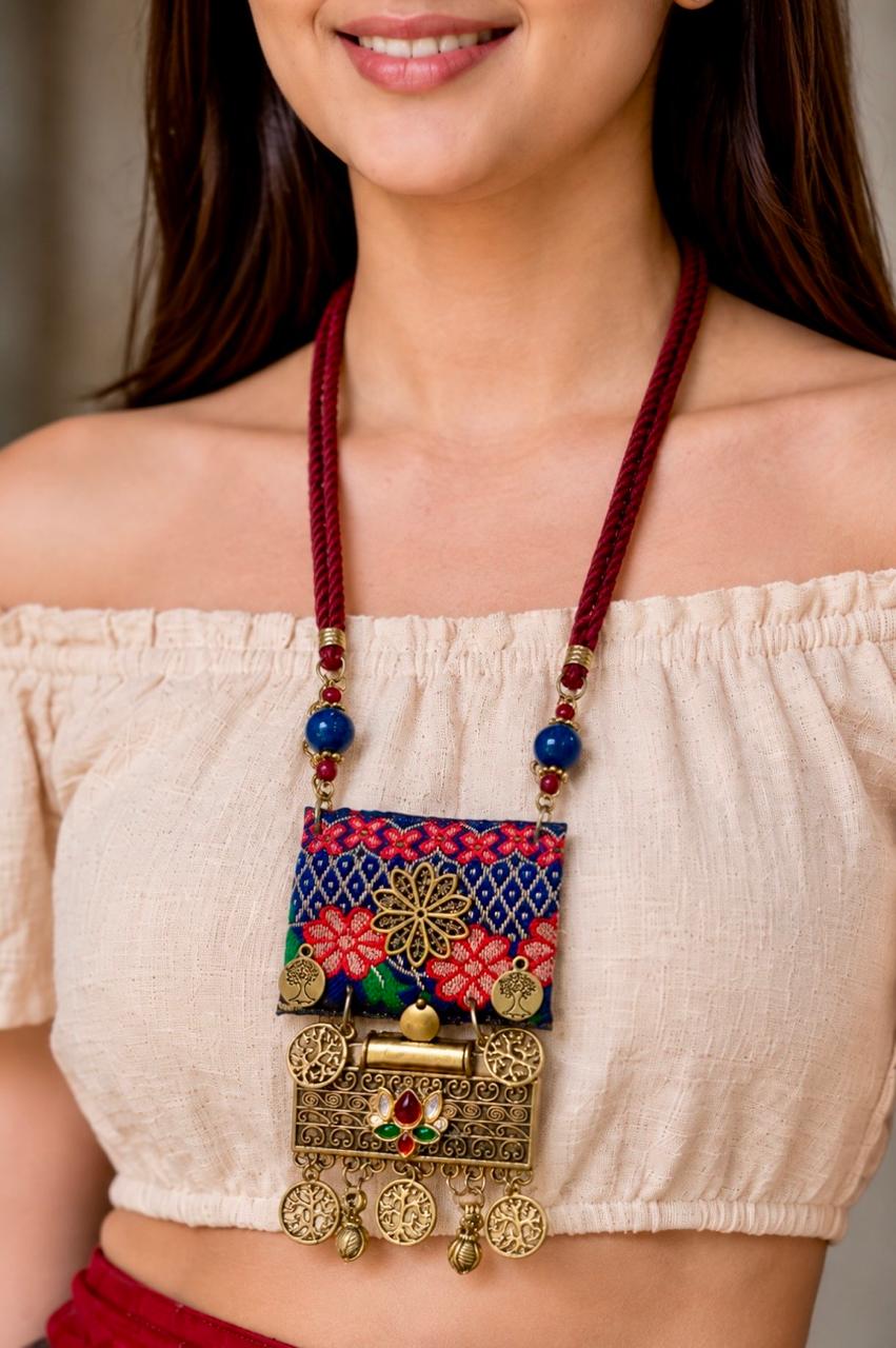 Textile & Brass Tree of Life Boho Necklace