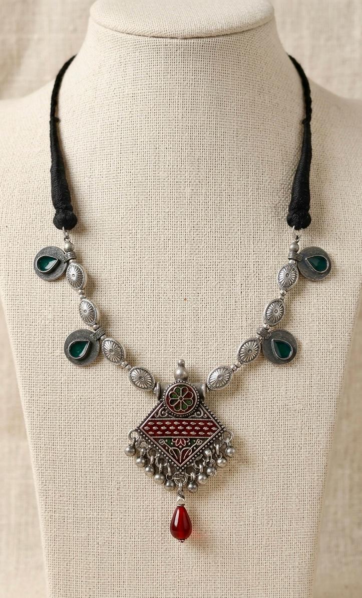 Oxidised Diamond Enamel Coin Strand Necklace