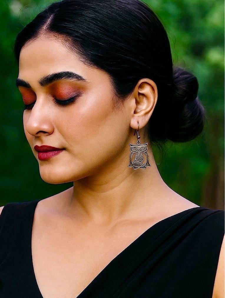 Oxidised Bronze Owl Drop Earrings