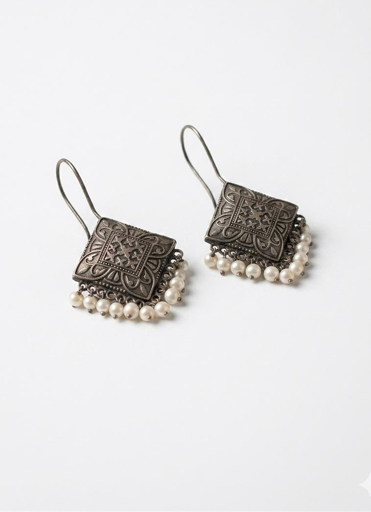 Oxidised Silver Diamond Pearl Drop Earrings