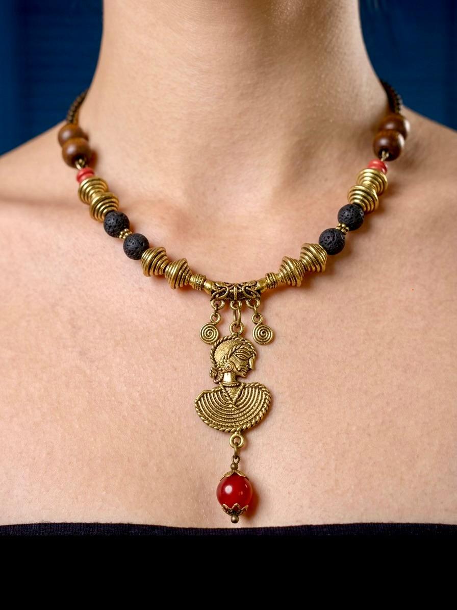 Apsara Brass Lava Bead Statement Necklace