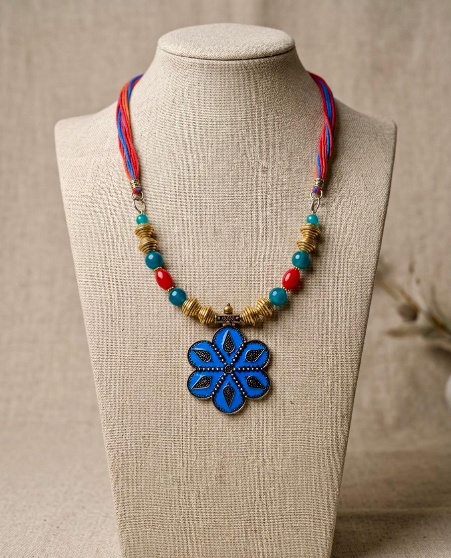 Blue Enamel Flower Afghan Bead Necklace