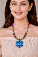 Blue Enamel Flower Afghan Bead Necklace