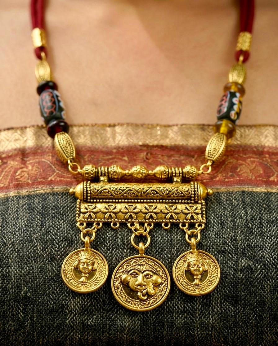 Fusion Necklace with Dhokra Pendant & Kashmiri Lac Beads