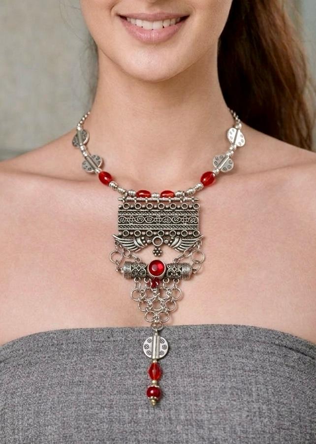Turkish Style Statement Necklace with Red Accents