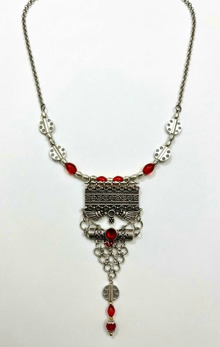 Turkish Style Statement Necklace With Red Accents