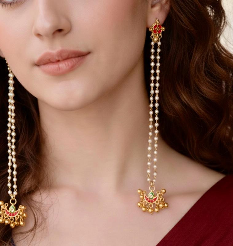 Kashmiri Dejhoor Pearl Chain Earrings