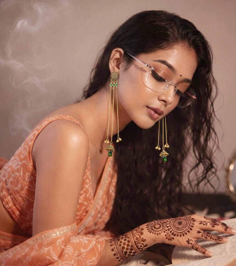 Kashmiri Dejhoor Multi Chain Earrings With Green Drops