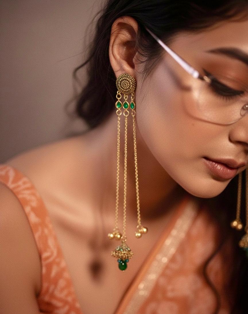 Kashmiri Dejhoor Multi-Chain Earrings with Green Drops