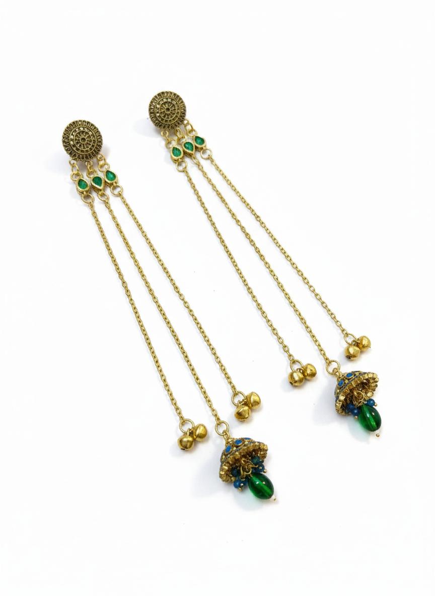 Kashmiri Dejhoor Multi Chain Earrings With Green Drops