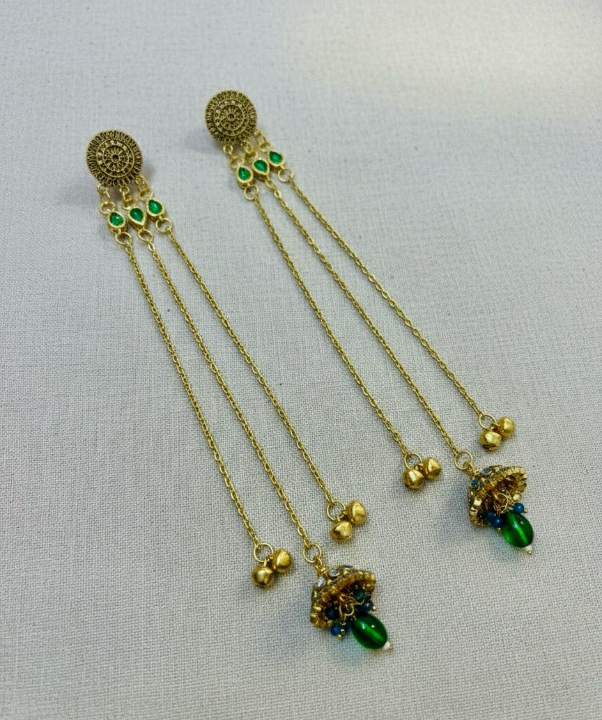 Kashmiri Dejhoor Multi Chain Earrings With Green Drops